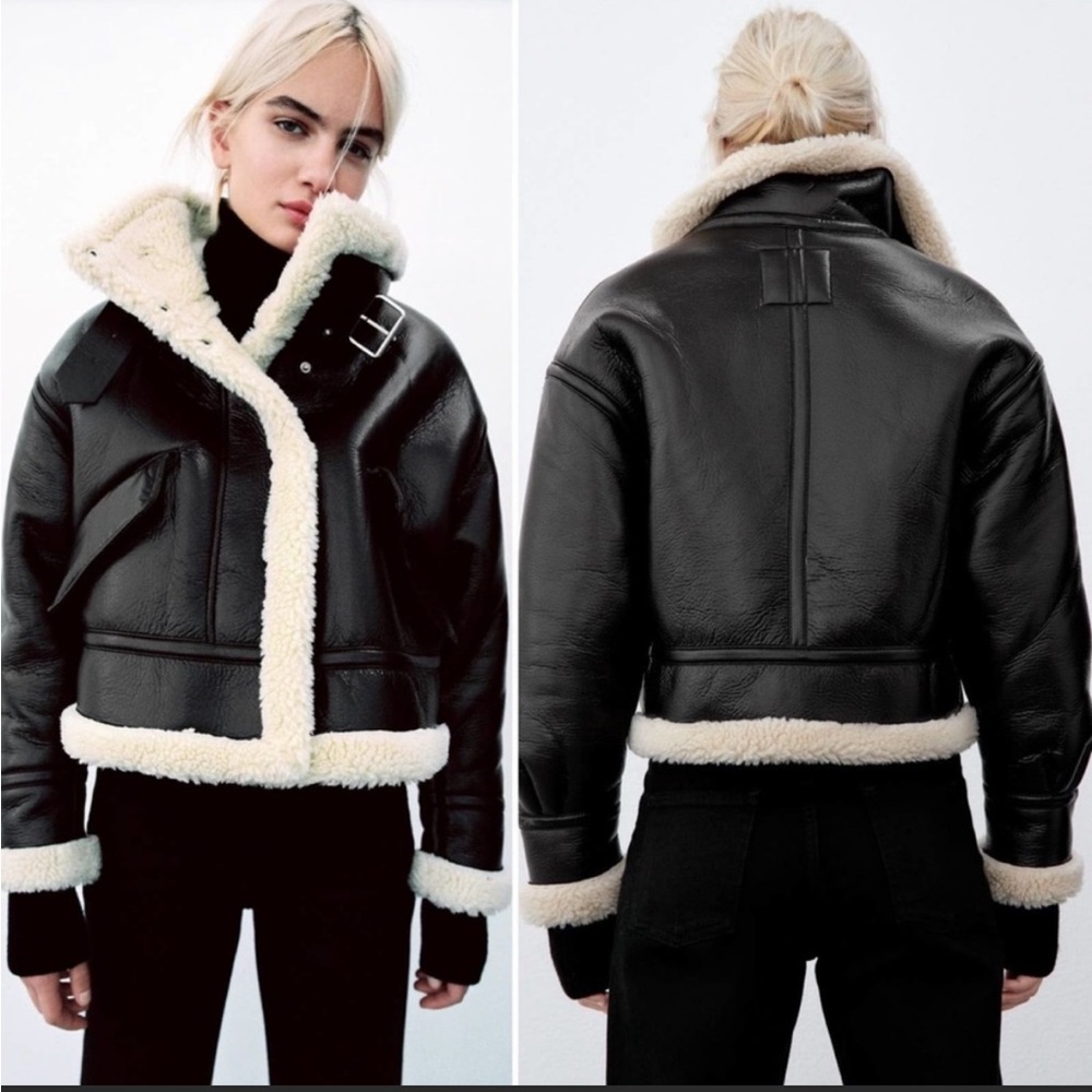Zara double faced jacket size M shearling faux leather chocolate